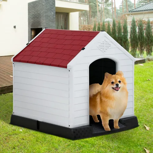 Vista 13 de Casa para perros para interiores y exteriores, impermeable, ventilada, de plástico, jaula de refugio para mascotas con ventilación y suelo elevado