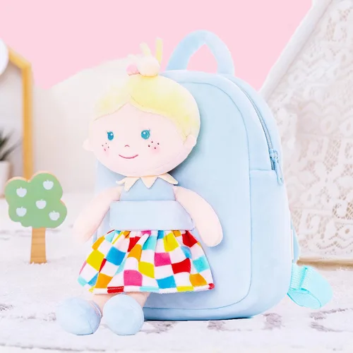 Vista 5 de Onetoo Mochila para niños pequeños con muñecas suaves en vestido a cuadros de 9.5 pulgadas