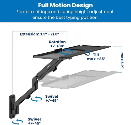 Vista 3 de Mount-It! Montaje de teclado en pared con opción de poste, bandeja ajustable para teclado y mouse con brazo de resorte, extensión giratoria