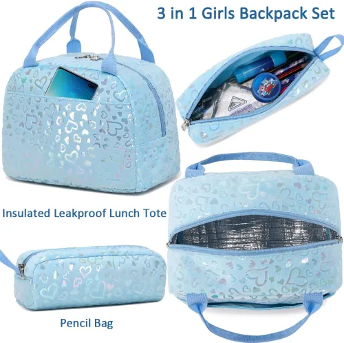 Vista 84 de Juego de mochila para niñas y adolescentes, mochila escolar para niños con bolsa para el almuerzo, estuche para lápices, mochilas escolares