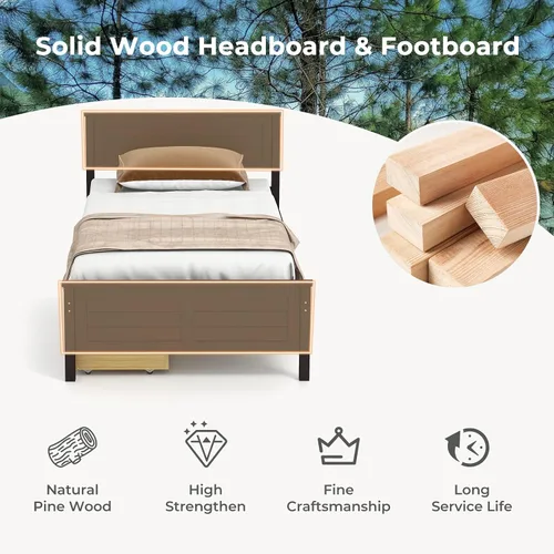 Vista 7 de Giantex Cama individual de madera con 2 cajones de almacenamiento, plataforma de madera maciza con cabecero, base de colchón de soporte de listones