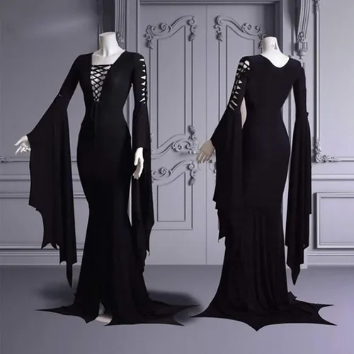 Vista 4 de Morticia Addams - Disfraz de bruja sexy gótico vintage para Halloween, fiesta de carnaval