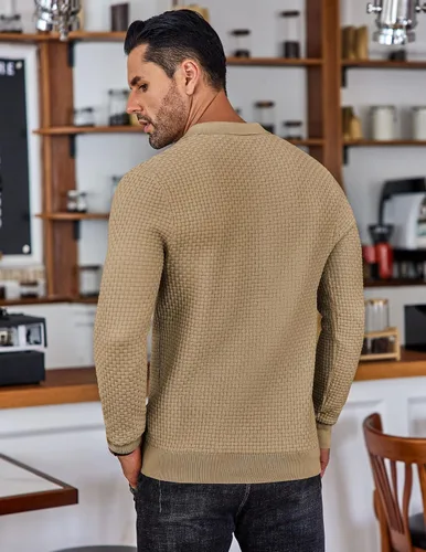 Vista 3 de COOFANDY Polo de punto para hombre, de manga larga, ligero, a la moda, informal, con cuello