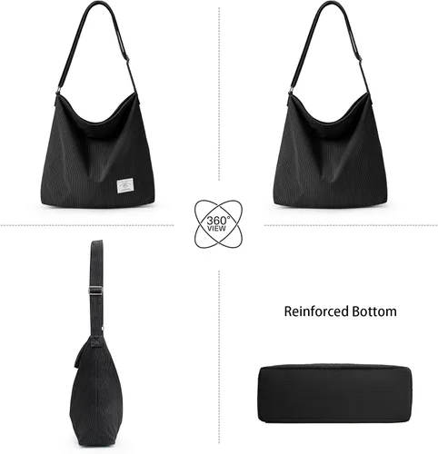 Vista 8 de KALIDI Bolso de mano de pana para mujer, estilo casual, con cremallera, grande, bandolera, bolso de hombro, bolso de trabajo a la moda para mujer