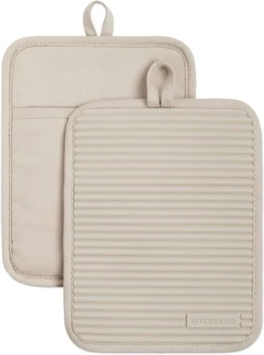 Vista 2 de KitchenAid Ribbed Soft Silicone Water Resistant Pot Holder Set, Milkshake, 2 Piece Set, 7"x9" & Beacon Two-Tone Non-Slip Mini Oven Mitt Set