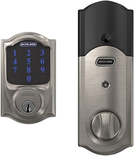 Vista 2 de Schlage Connect BE469ZP CAM 619 - Cerradura inteligente con alarma, moldura Camelot en níquel satinado, compatible con Z-Wave Plus (Paquete de 4)