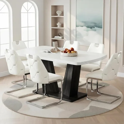 Vista 19 de Juego de mesa de comedor para 6, juego de mesa de comedor de mármol para 6, juego de 6 sillas de mesa de cocina con base de madera, juego de mesa