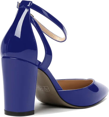 Vista 5 de MODENCOCO Zapatos de tacón alto de charol D'Orsay con correa de tobillo recortada para mujer, 3.5 pulgadas