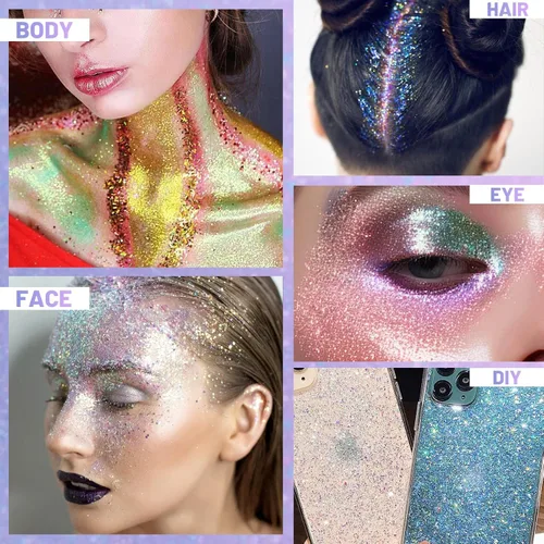 Vista 4 de DAGEDA Gel de purpurina corporal, purpurina facial enrollable para maquillaje de sirena, accesorios para festivales, rave, gel holográfico