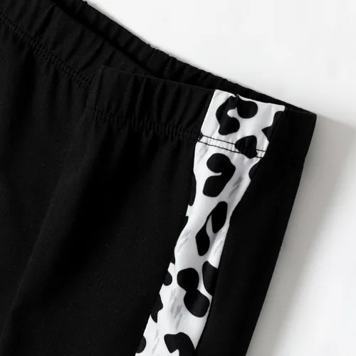 Vista 7 de PATPAT Conjunto de 2 piezas para niñas, camiseta de bloque de color de leopardo, camiseta de cuello redondo, leggings negros, pantalones deportivos