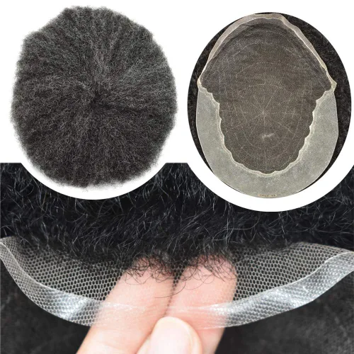 Vista 5 de Unidad de cabello de tejido afro para hombres negros, sistema de reemplazo de cabello humano brasileño para hombres africanos estadounidenses encaje