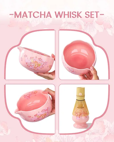 Vista 5 de Juego de batidor de matcha, juego de 6 piezas de matcha que incluye un tazón grande de matcha, batidor de bambú y cuchara con bonito encanto