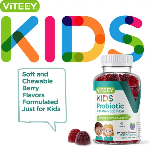 Vista 2 de Viteey - Gomitas probióticas para niños, más fibra de prebióticos, 2 mil millones de UFC Digestive Health, Gut Health, Constipation Relief for