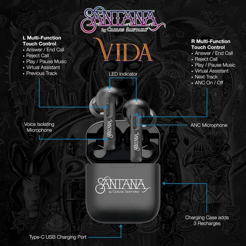 Vista 7 de SANTANA BY CARLOS SANTANA Vida Active - Auriculares inalámbricos Bluetooth con funda de carga, color negro