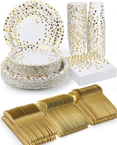 Vista 11 de 224 piezas de suministros para fiestas, platos de fiesta negros y dorados, juegos de vasos y servilletas con cuchillos, tenedores y cucharas