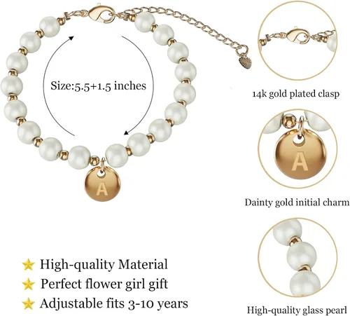 Vista 3 de Pulsera de propuesta de niña de flores, delicada pulsera dorada con dije inicial para niña, pulsera con nombre y letra, joyería para niñas, regalo