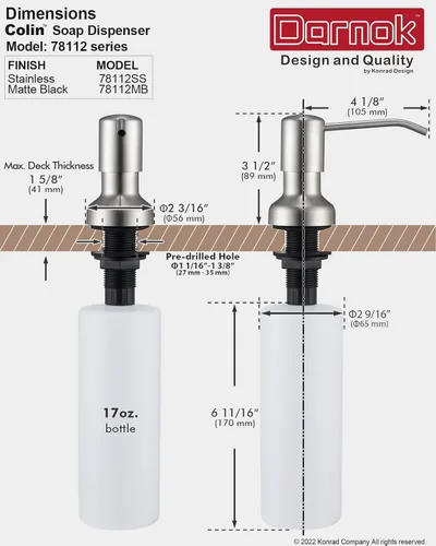 Vista 5 de Darnok 78112SS Colin - Dispensador de jabón para fregadero de cocina, bomba para lavar platos, jabón líquido o loción de manos, recarga desde