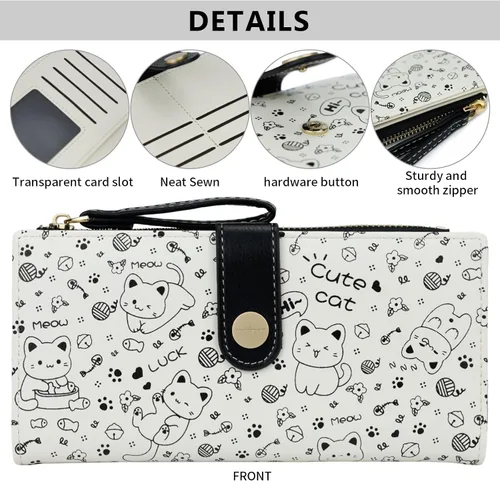 Vista 6 de Farcauo Billetera para mujer, billetera delgada para mujer, linda cartera delgada Kawaii con flores para mujer, tarjetero para mujer, Cartera