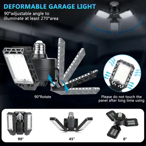 Vista 4 de 4 paquetes de luces LED para garaje, 60 W, luz de techo de garaje deformable, 8000 lm, E26, luces de sótano con 3 paneles LED ajustables, se adapta