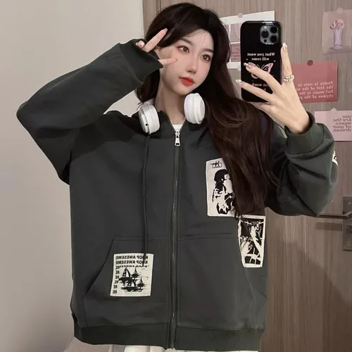Vista 6 de Y2K - Sudadera con capucha para mujer, diseño de retazos grunge, con cremallera, Acubi Emo de gran tamaño, gótico, ropa Alt