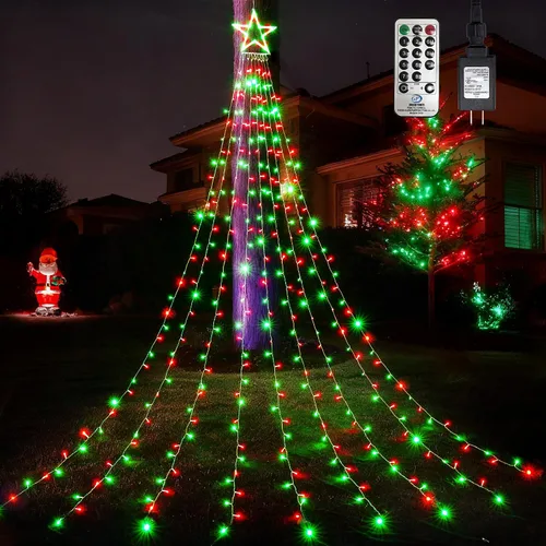 Vista 15 de WBao 344 luces LED de Navidad para decoración al aire libre con estrella de 12 pulgadas, luces de Navidad de cascada de 11.9 pies, control remoto, 8