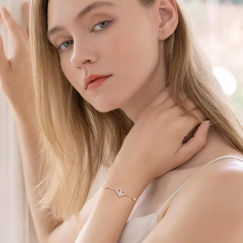 Vista 2 de CDE Pulseras de corazón de amor para mujer, plata de ley 925 con circonita de piedra natal, día de San Valentín, cumpleaños, aniversario, cadena