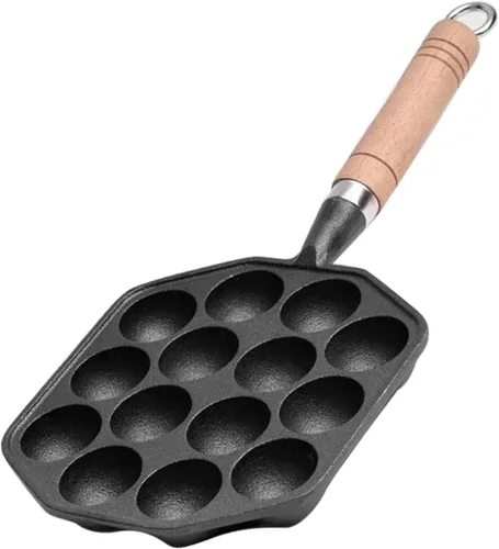 Vista 8 de HERCHR Takoyaki - Plato para parrilla, 14 agujeros, sartén Takoyaki, antiadherente, de hierro fundido, para hacer moldes con mango desmontable