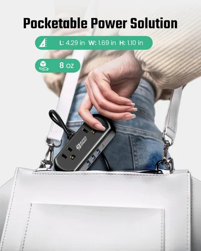 Vista 8 de SUPERDANNY - Cable de extensión de 2 pies, mini protector de sobretensiones con 2 tomas de corriente espaciadas amplias, tira de alimentación USB, 3