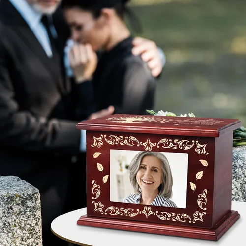 Vista 6 de Urnas de cremación para cenizas humanas adultas masculinas o femeninas, urnas funerarias para cenizas con marco de fotos, caja de recuerdo de madera
