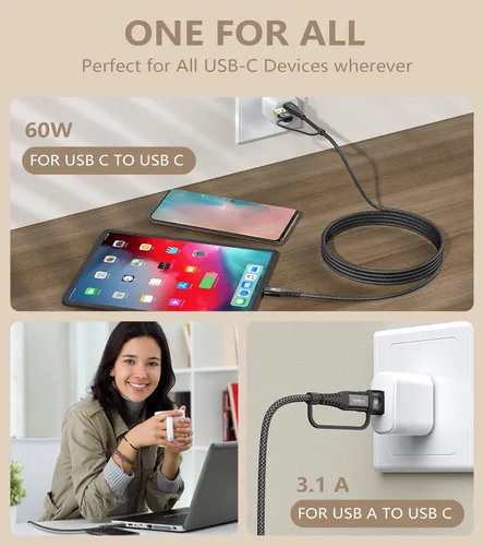 Vista 4 de Cable USB C a USB C de 6.6 pies PD 60 W iPhone 16 cargador 2 en 1 USB tipo A/C a tipo C cable trenzado de nailon para iPhone 15 16 Plus Pro Max iPad