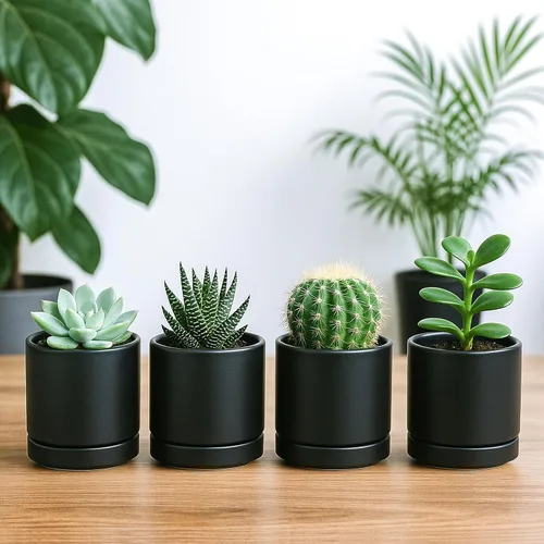 Vista 2 de D'vine Dev Juego de 4 macetas pequeñas de cerámica, maceta para suculentas de 3.5 pulgadas para plantas con orificio de drenaje y platillo