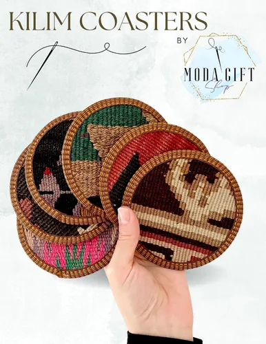 Vista 2 de Kilim - Juego de posavasos de tela, juego de posavasos bohemios, posavasos del medio oeste, juego de posavasos de tela, auténtico kilim turco