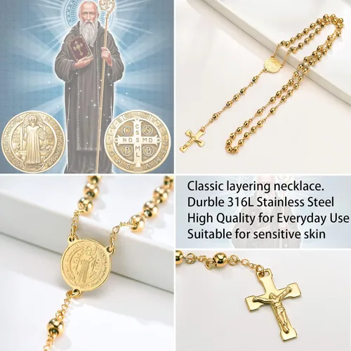 Vista 3 de VNOX Collar unisex de acero inoxidable largo con cuentas de rosario de Jesús cruz católica crucifijo católico 36 pulgadas Edelstahl Piedra de lava