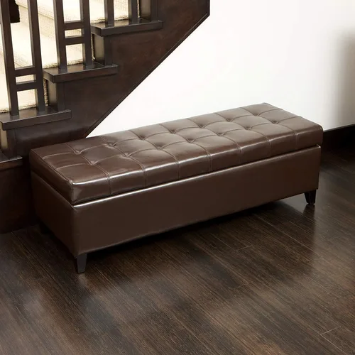 Vista 2 de Banco otomano rectangular copetudo de almacenamiento de cuero regenerado para mesa de centro para dormitorio, sala de estar (marrón)
