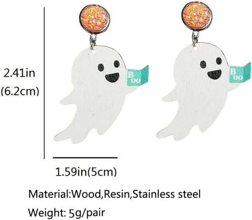 Vista 3 de Aretes colgantes de madera de payaso de calabaza fantasma de Halloween, aretes de madera de fantasma de dibujos animados para mujeres y niñas