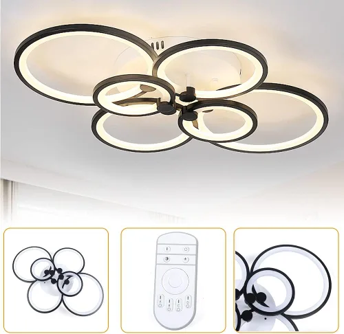 Vista 7 de Lámpara de techo moderna LED de 6 cabezales con anillo circular con control remoto, lámpara de montaje empotrado, lámpara acrílica regulable de 3