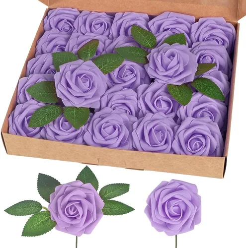 Vista 10 de homEdge Rosa Artificial, 25 piezas de flores artificiales de espuma con tallo para decoraciones del hogar, ramos de boda, fiesta, centros de mesa