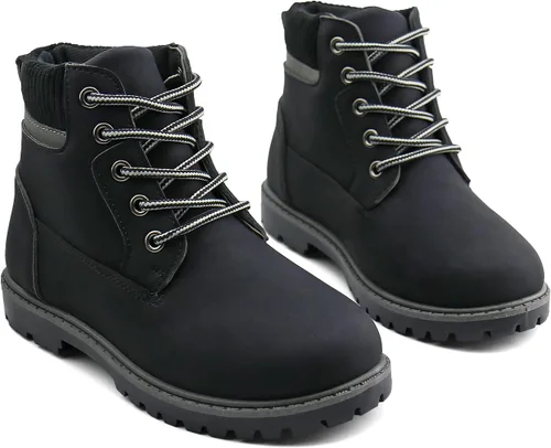 Vista 6 de JABASIC Botas de tobillo para niños y niñas, con cordones, cómodas botas de trabajo al aire libre