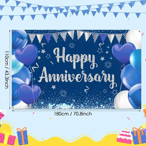 Vista 5 de Cartel de fiesta de feliz aniversario azul marino, póster grande de fondo de boda y cumpleaños, 70.8 x 43.3 pulgadas