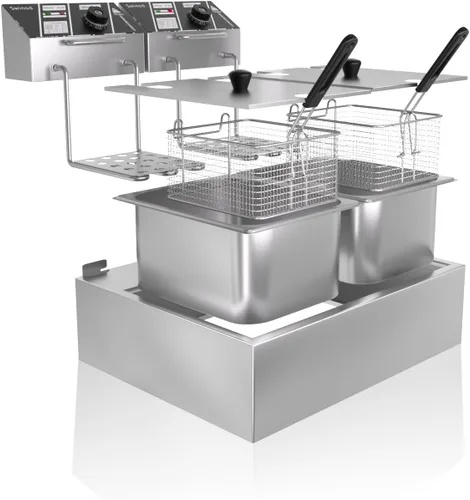 Vista 8 de Freidora comercial profunda con cestas, 3400W 12.7QT/12L de acero inoxidable engrosado para mostrador, freidora eléctrica de aceite de gran