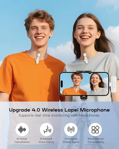 Vista 10 de Mini micrófono inalámbrico para iPhone, paquete de 2 micrófonos Lavalier para grabación de video, micrófono de solapa con reducción de ruido 2 en 1