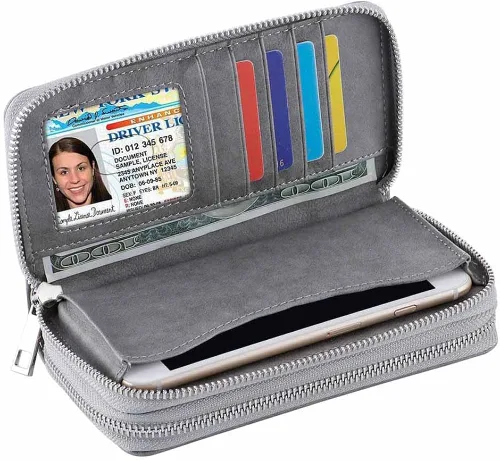 Vista 6 de Cartera de doble cierre para mujer, con correa de mano, para tarjetas, dinero en efectivo, monedas, celular