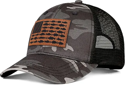 Vista 21 de Sombrero de camionero con bandera de pez estadounidense, regalos de pesca para hombres, sombrero de pesca Snapback perfecto para pesca y uso diario