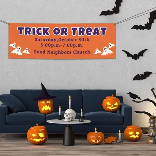 Vista 12 de Cartel personalizado de Feliz Halloween para fiesta, añade tu texto en la pancarta, decoraciones de Halloween personalizadas para interiores