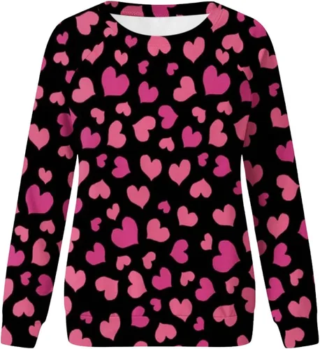 Vista 4 de Sudaderas de San Valentín para mujer, de manga larga, cuello redondo, estampado de corazón, estampado de moda, para el día de San Valentín