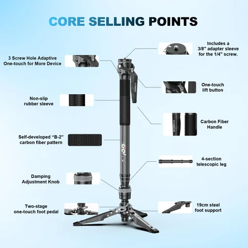 Vista 4 de COMAN Monopod de fibra de carbono M1 de 62.8 pulgadas para cámara, monopie de elevación con un solo clic con pies, compacto para viajes, carga