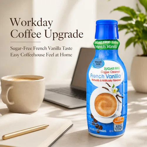 Vista 3 de Crema de café de vainilla francesa sin azúcar, botella de 32 onzas líquidas, crema líquida dulce y cremosa para café con cucharas de pala de café