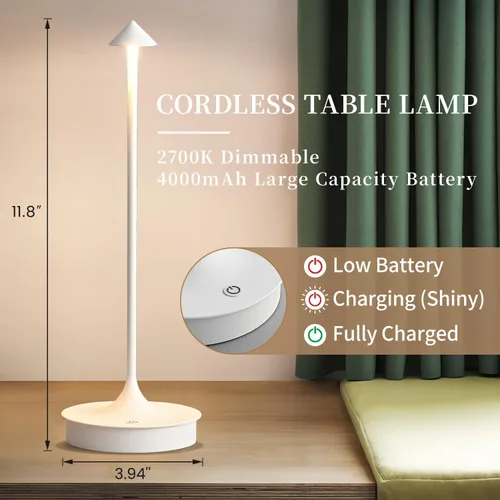 Vista 6 de Lámpara de mesa inalámbrica recargable LED funciona con pilas, lámpara de mesa de 4000 mAh, lámpara táctil regulable al aire libre, impermeable