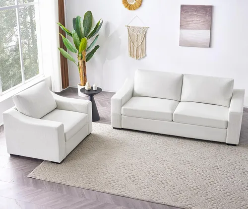 Vista 13 de ELUCHANG Sofá moderno de 85 pulgadas para sala de estar, sofá de lino natural de 3 plazas con asientos extra profundos, cojín tapizado y funda