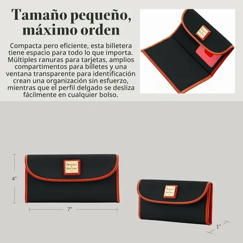 Vista 6 de Dooney & Bourke Cartera de mano Continental para mujer en piel de grano de guijarro, billetera triple con múltiples tarjeteros Negro